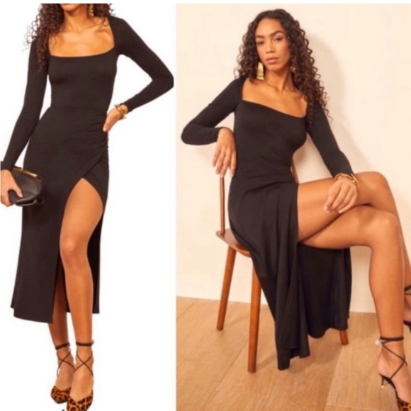 Reformation Dress Dottie Midi Jersey Stretch in Black - Picture 1 of 11